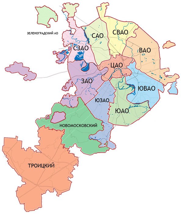 карта Москвы по округам с границами